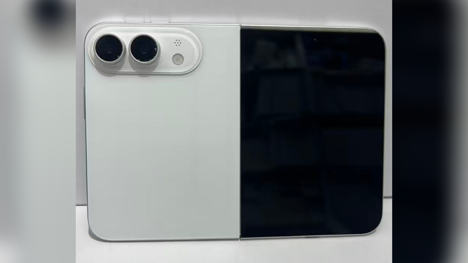 Foldable iPhone 18 Ultra mockup in folded position with two cameras
