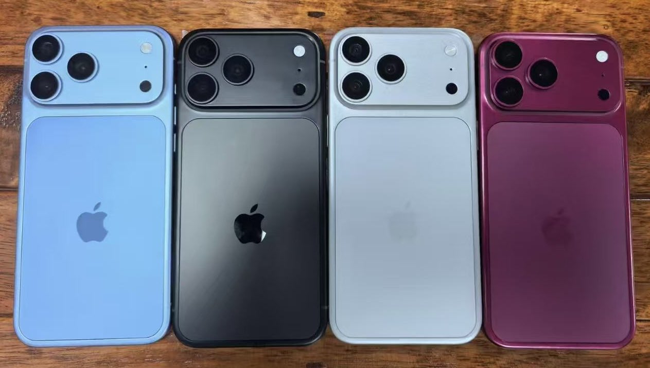 Four mockups of the iPhone 18 Pro in Light Blue, Dark Gray, Silver, and Dark Cherry colors