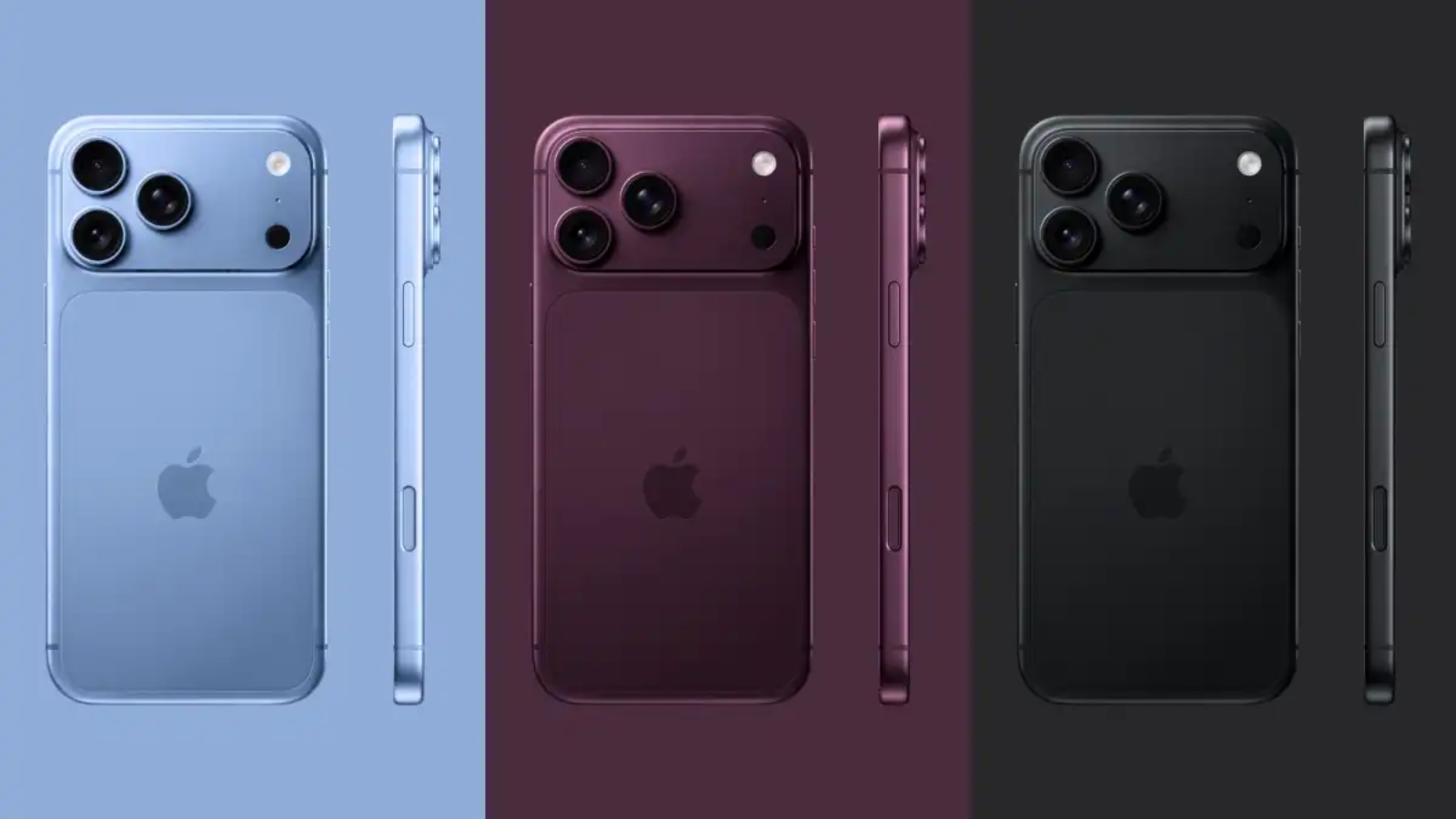 iPhone 18 Pro in Light Blue, Dark Cherry, and Dark Gray colors in a render