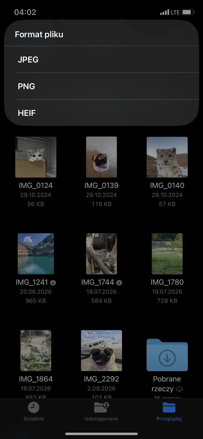 The Files app allows you to convert a photo to JPEG, PNG, or HEIF.