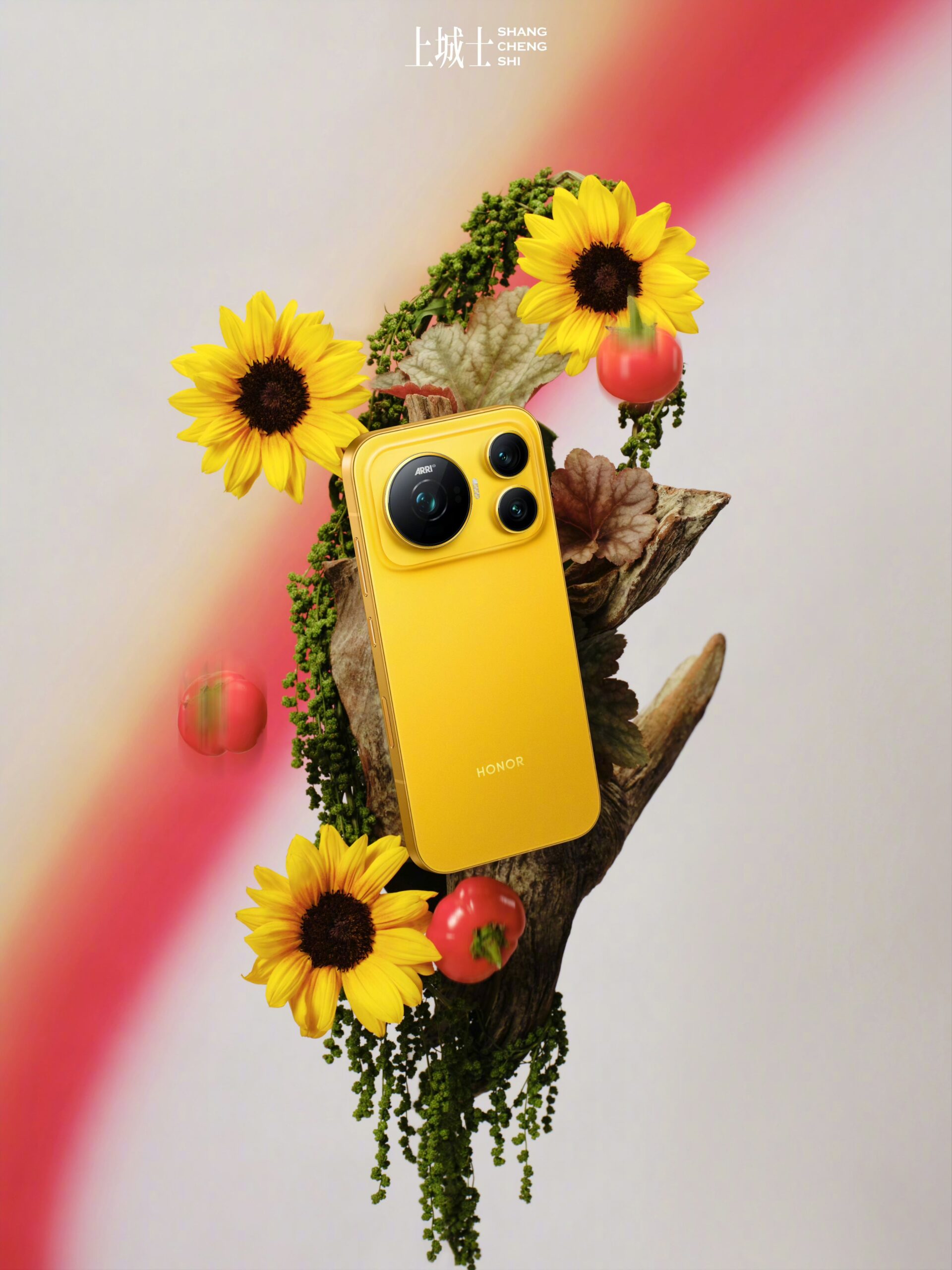 Honor Magic 9 Popcorn Yellow in an arrangement with sunflowers