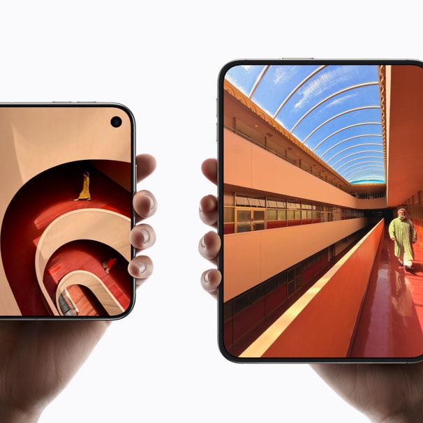 iPhone Duo held in one hand: the 5.4-inch outer display next to the unfolded 7.6-inch inner display