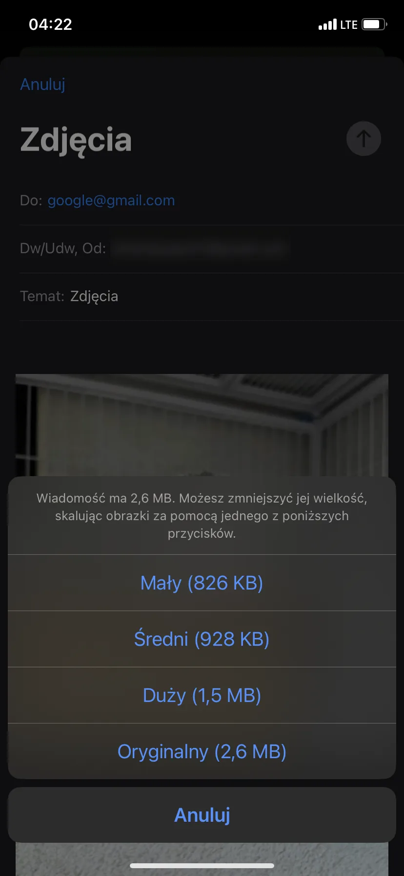 Mail offers smaller attachment sizes before sending the picture.