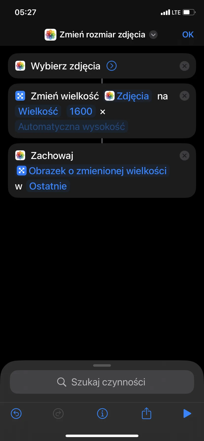 Reusable shortcut changes the width of selected photos to 1600 pixels.