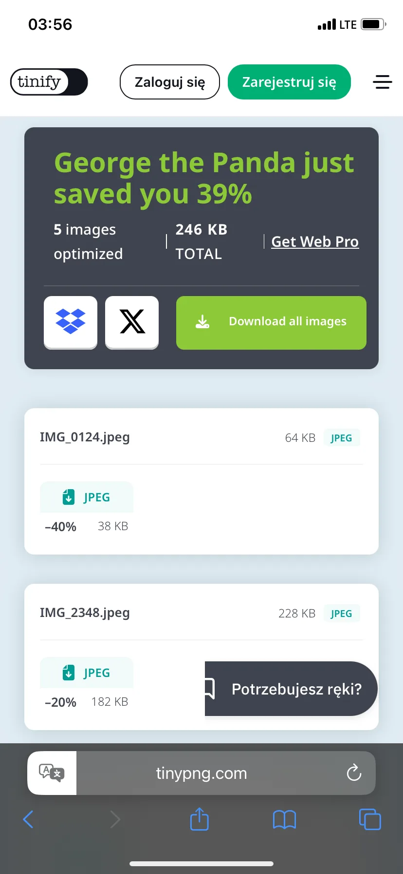 TinyPNG shows compressed images and the degree of reduction in their file sizes.