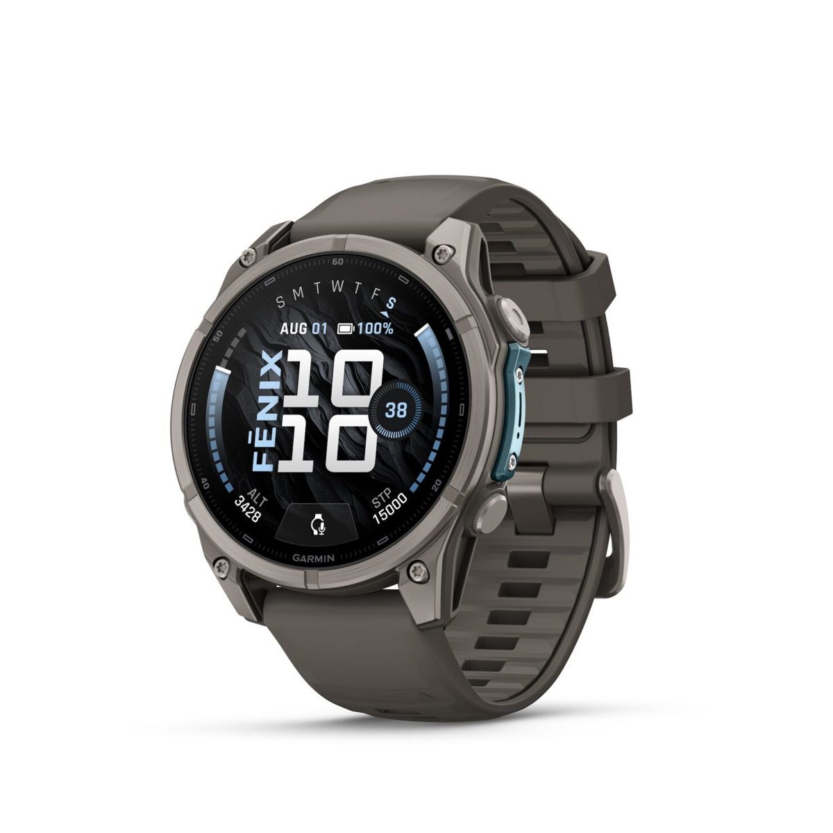 Garmin Fenix 9 47 mm with a titanium bezel and gray strap