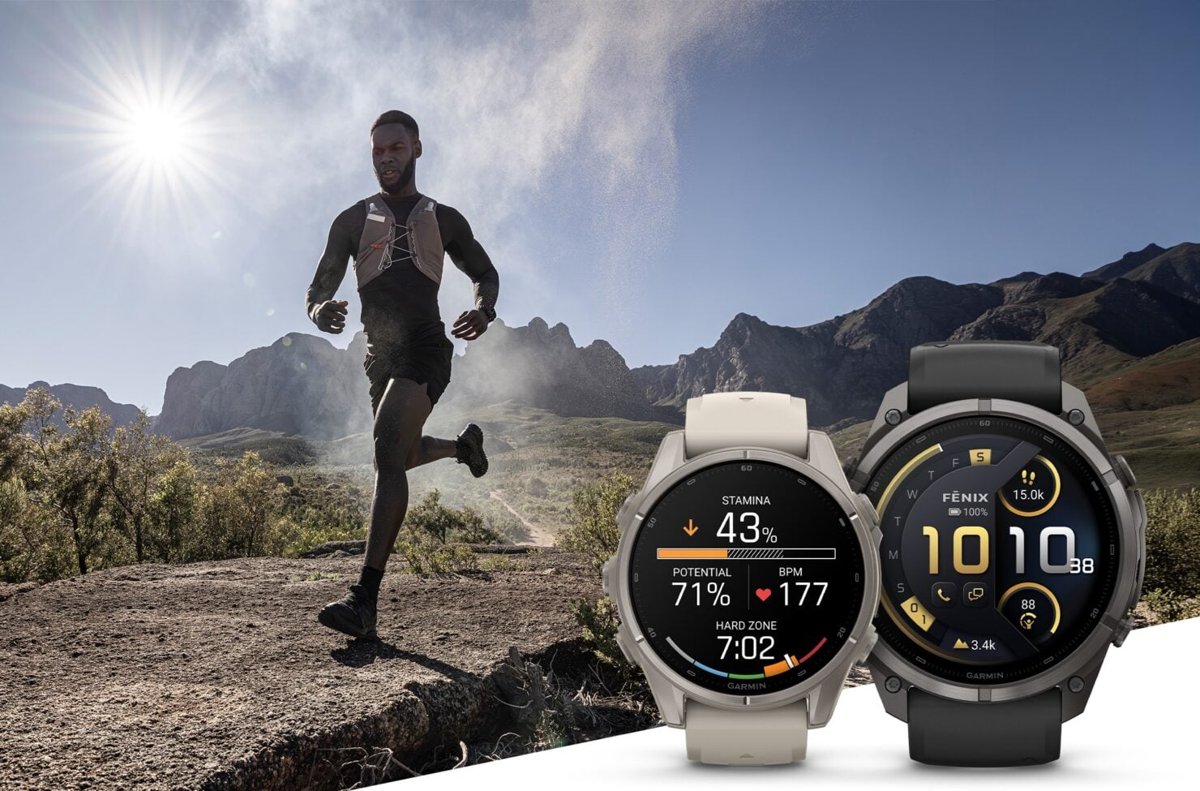 Runner in the mountains, next to Garmin Fenix 9 and Fenix 9 Pro watches