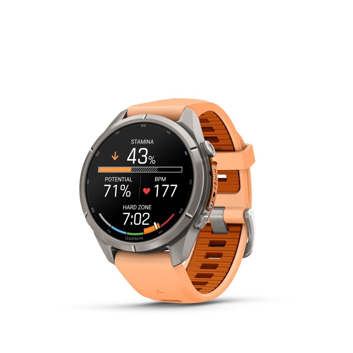 Garmin Fenix 9 Pro 43 mm with a bright orange strap