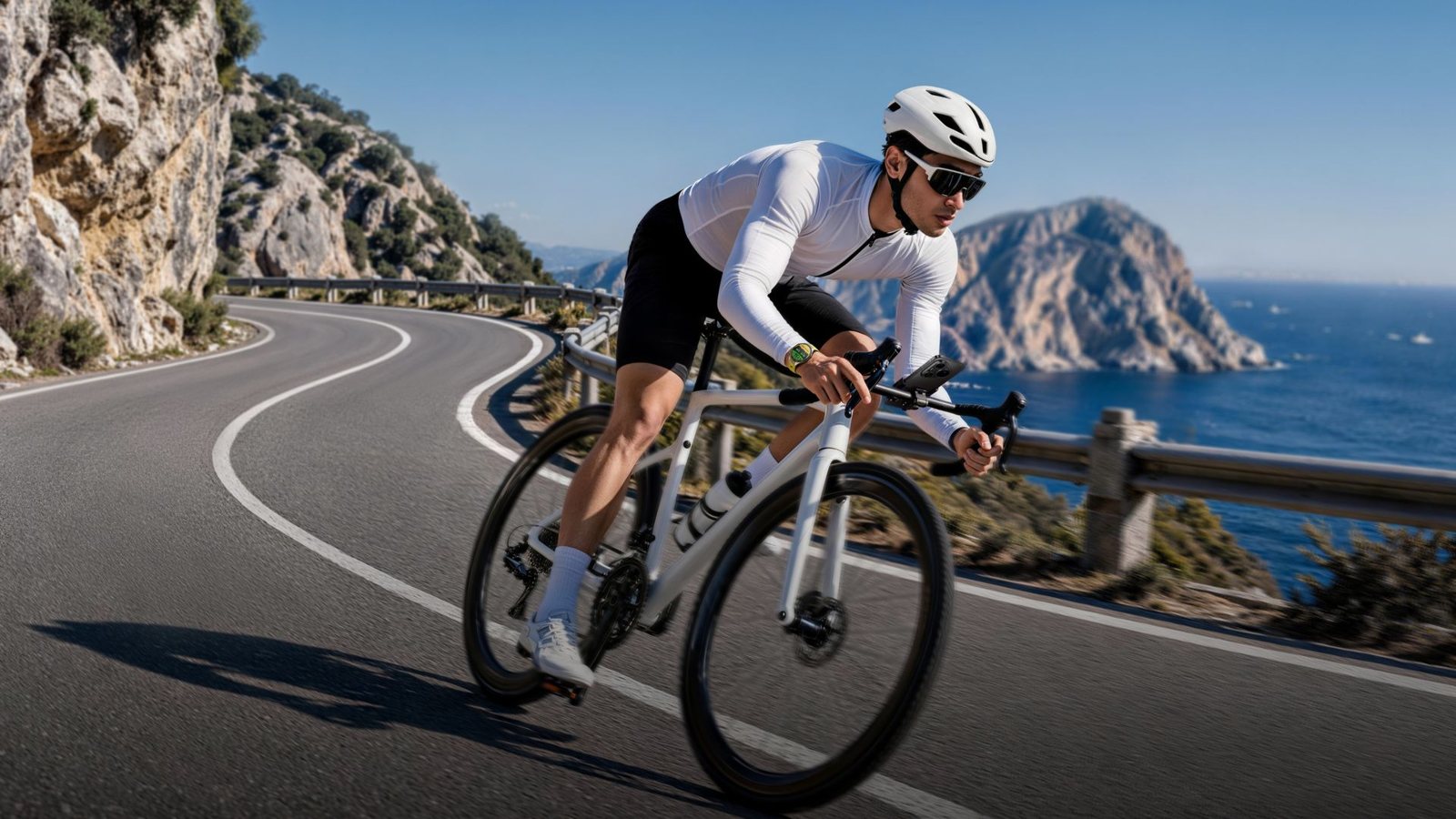 Cyclist on the road, Huawei Watch GT 7 Pro with cycling features