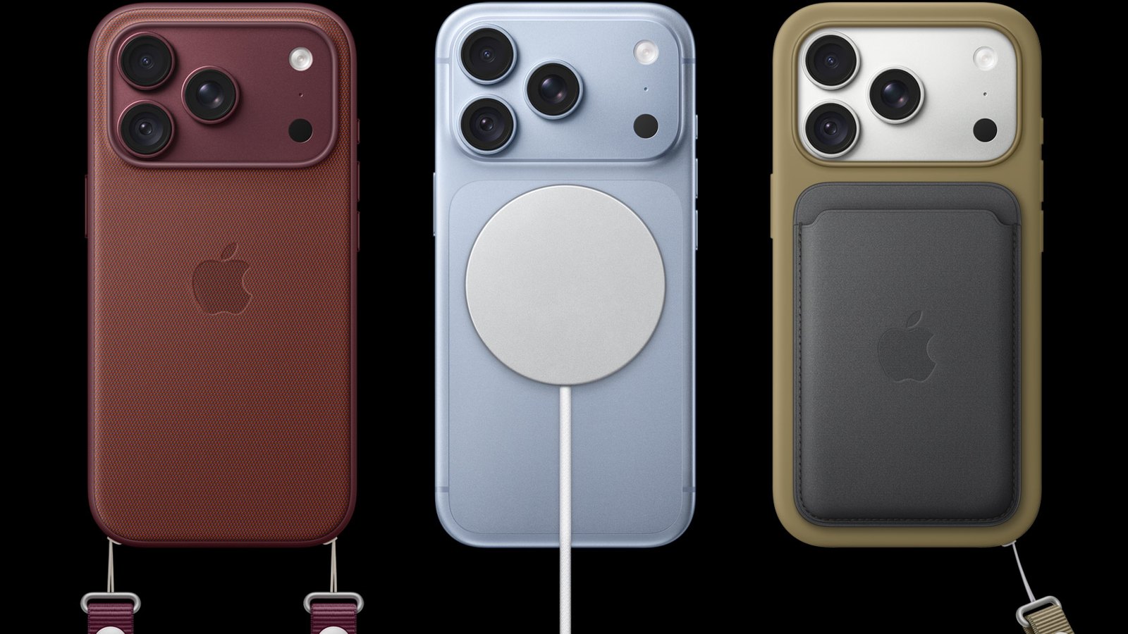 iPhone 18 Pro s pričvršćenim MagSafe punjačem, pokraj njega iPhonei 18 Pro u maskama i s MagSafe novčanikom