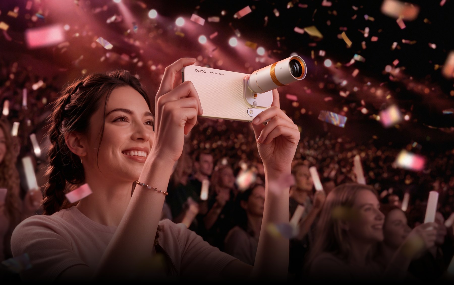 OPPO Find X10 Pro Max with the attached Hasselblad teleconverter during a concert