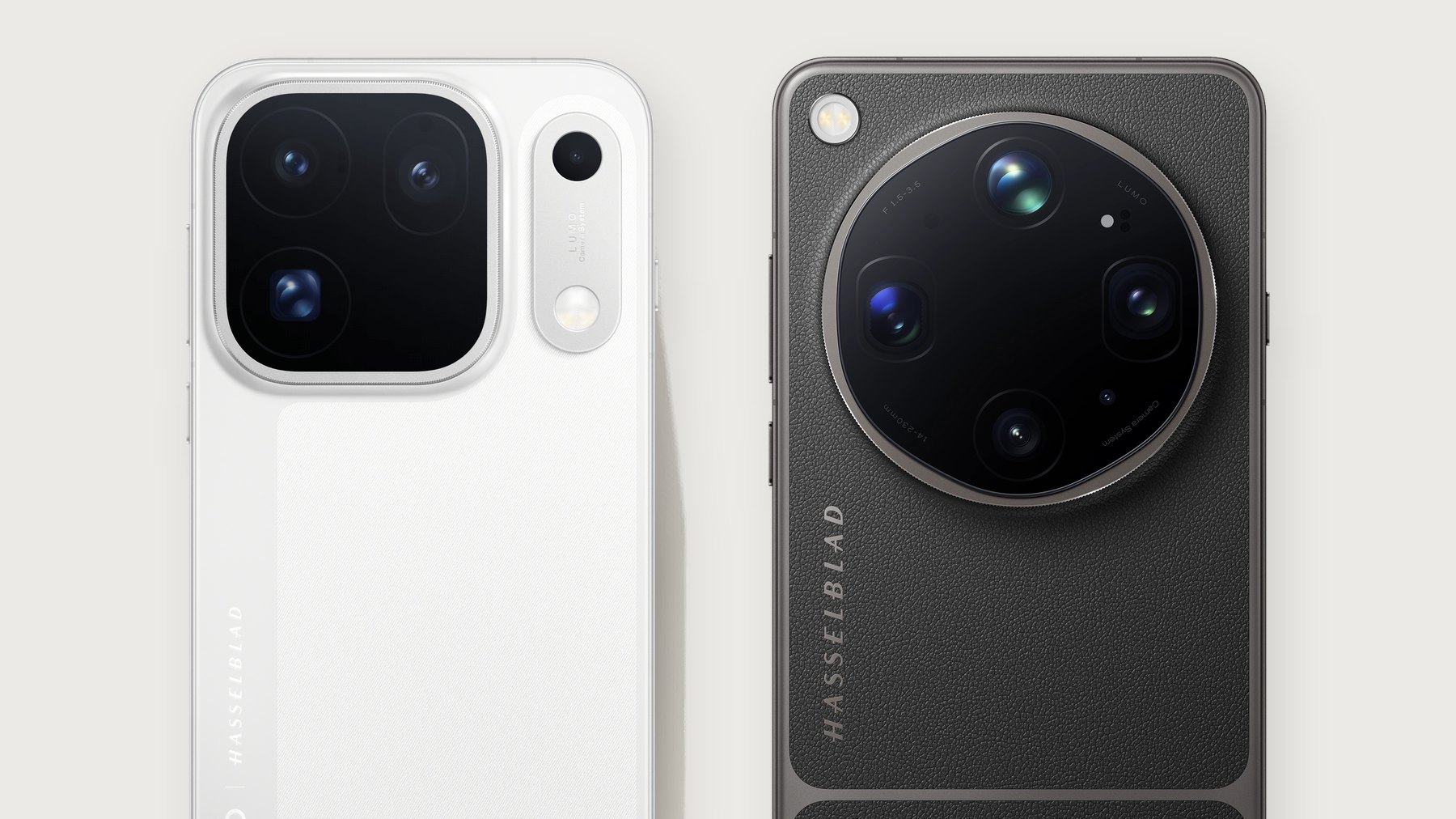 OPPO Find X10 Pro Max in Luna White and OPPO Find X9 Ultra in Tundra Umber — back of both phones with Hasselblad cameras
