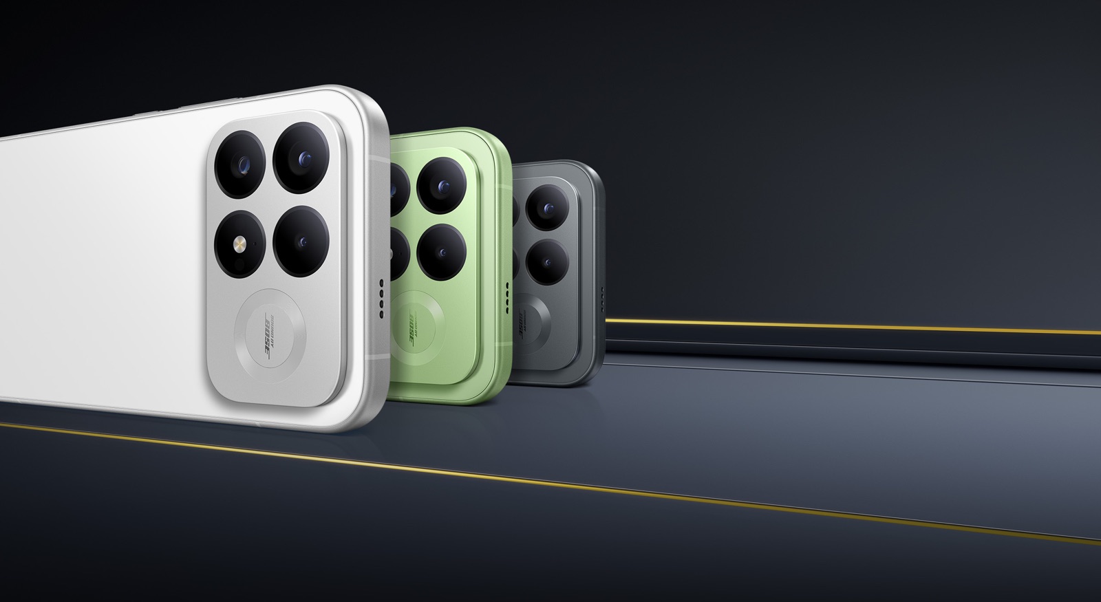 POCO F9 Pro w kolorach białym, Aurora Green i czarnym