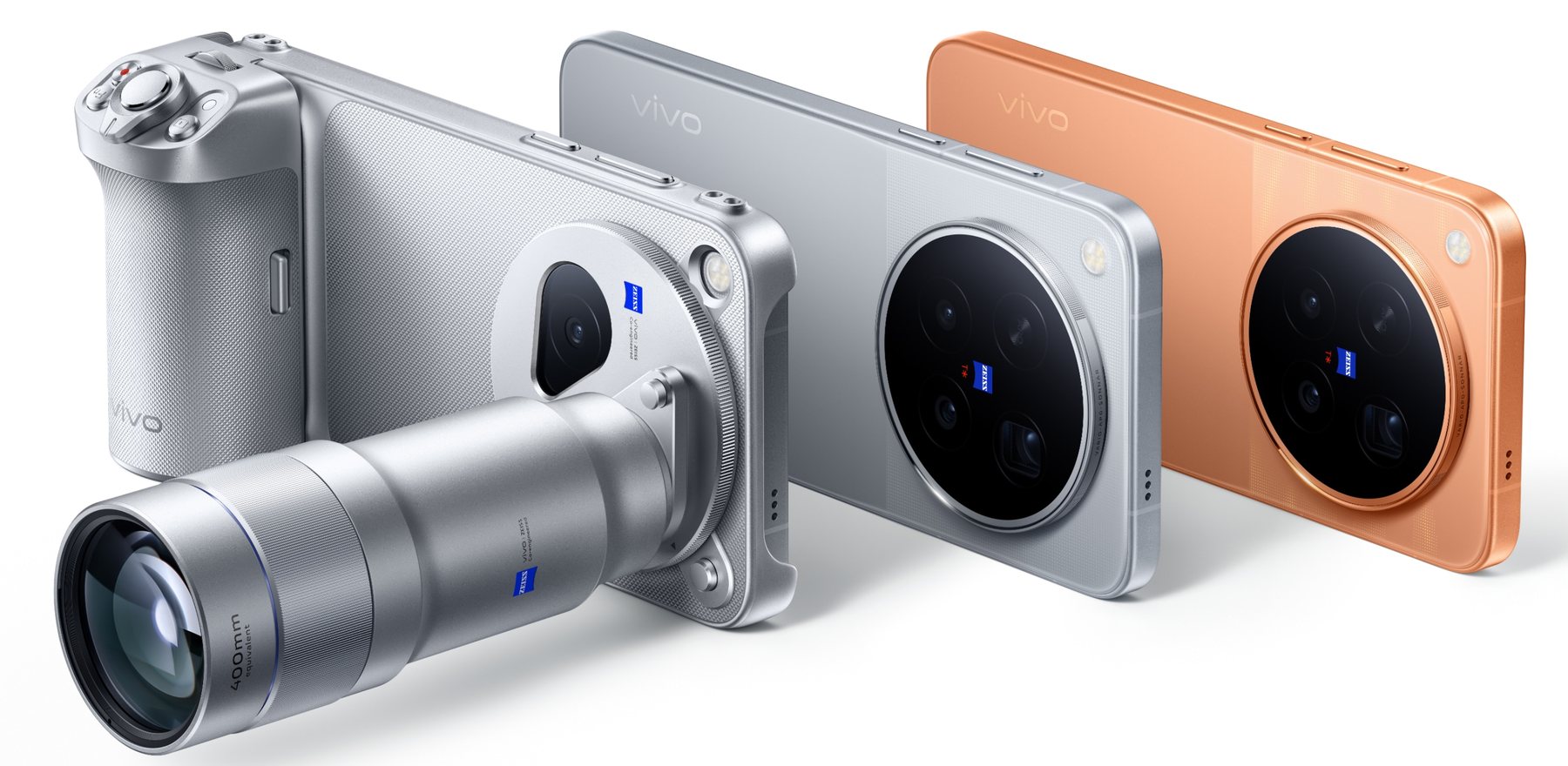 vivo X500 Pro Max z gripem i telekonwerterem Zeiss 400 mm oraz telefony w kolorze szarym i pomarańczowym